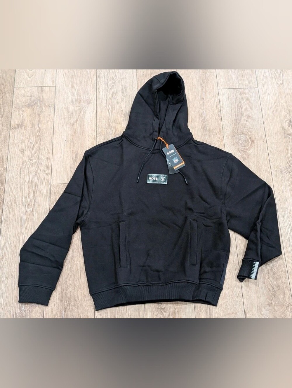 $228 Mens BOSS X NFL Las Vegas Raiders Patch Pullover Hoodie Black Large